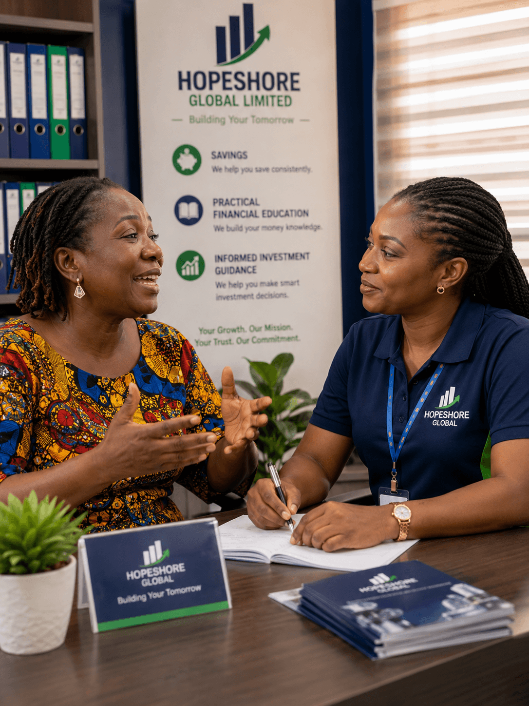 A financial conversation at the Hopeshore office