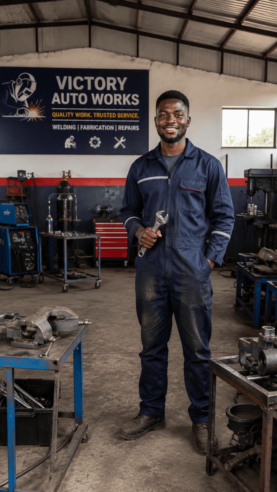 An auto technician standing proudly in his workshop