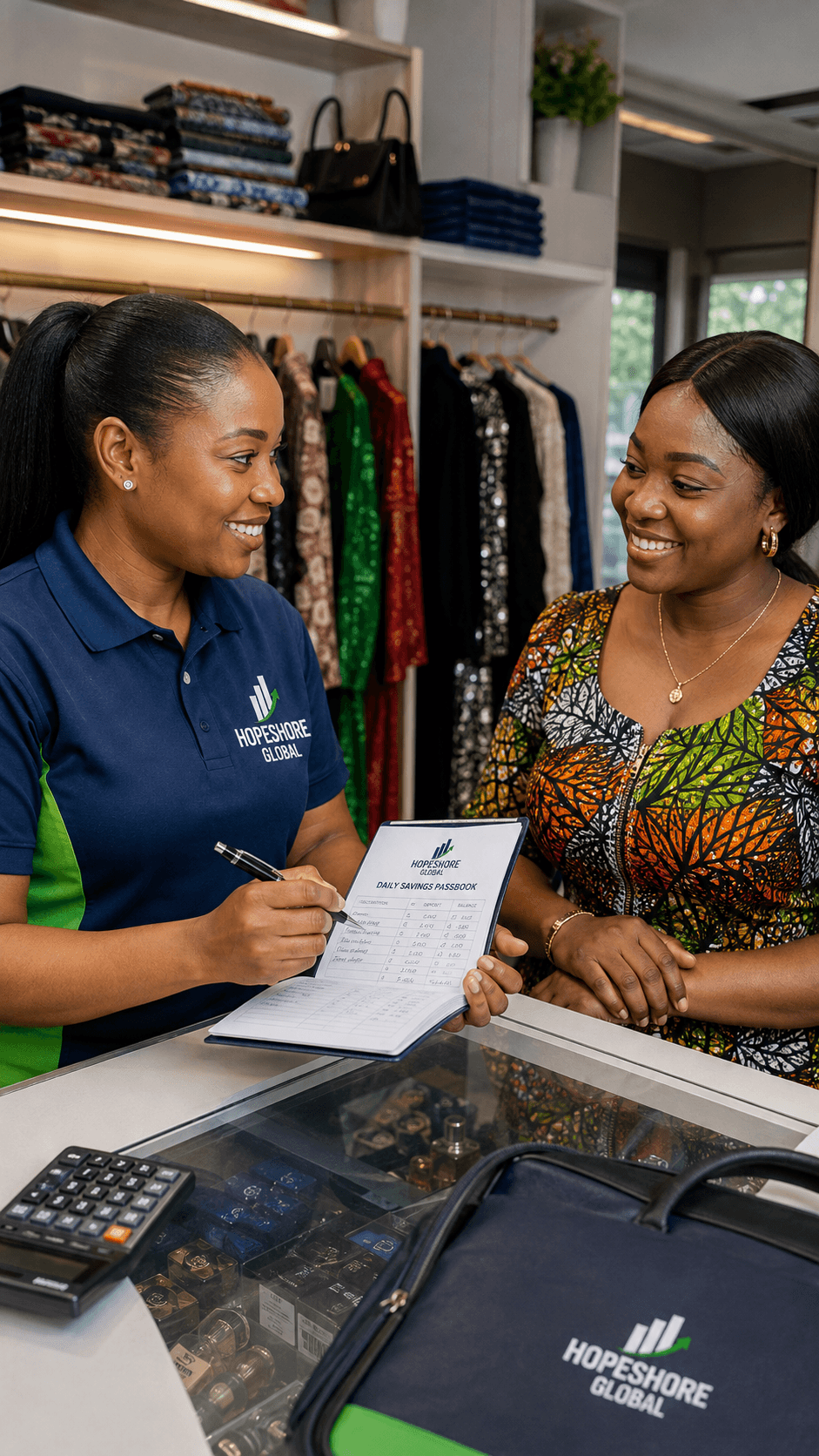 A boutique owner reviewing her savings passbook