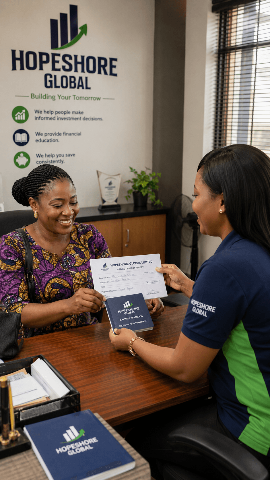 A client receiving her Hopeshore savings passbook