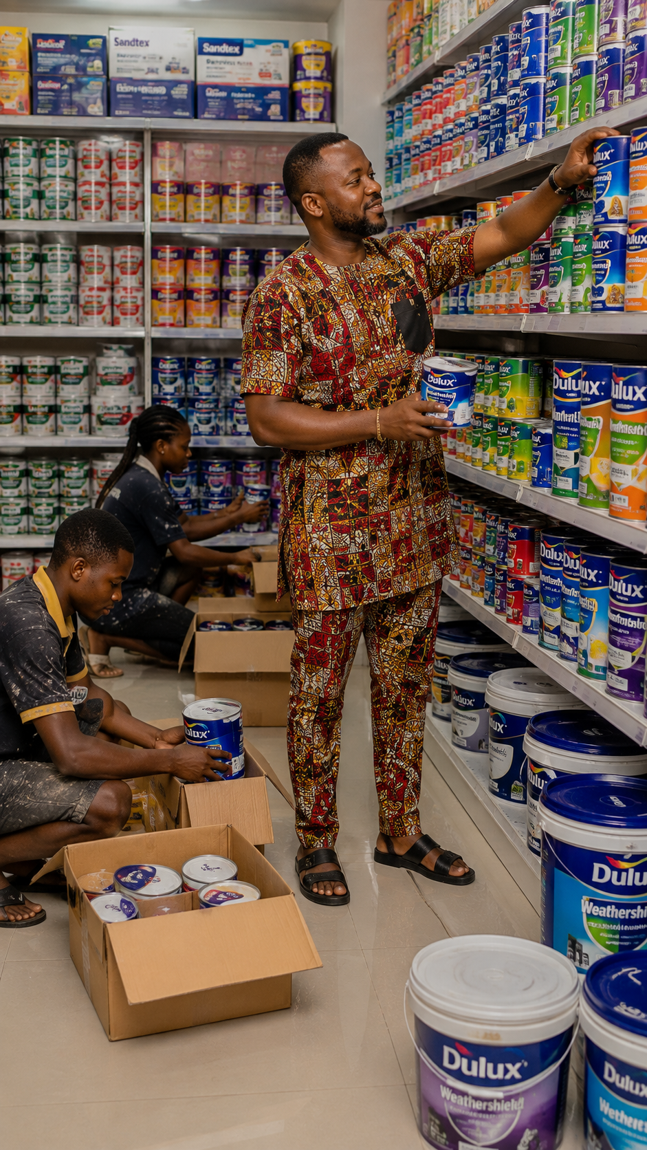 An entrepreneur managing stock in his paint business