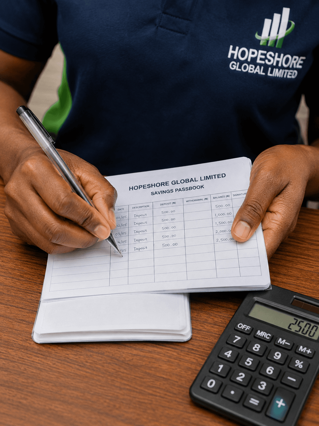 A Hopeshore savings passbook being updated