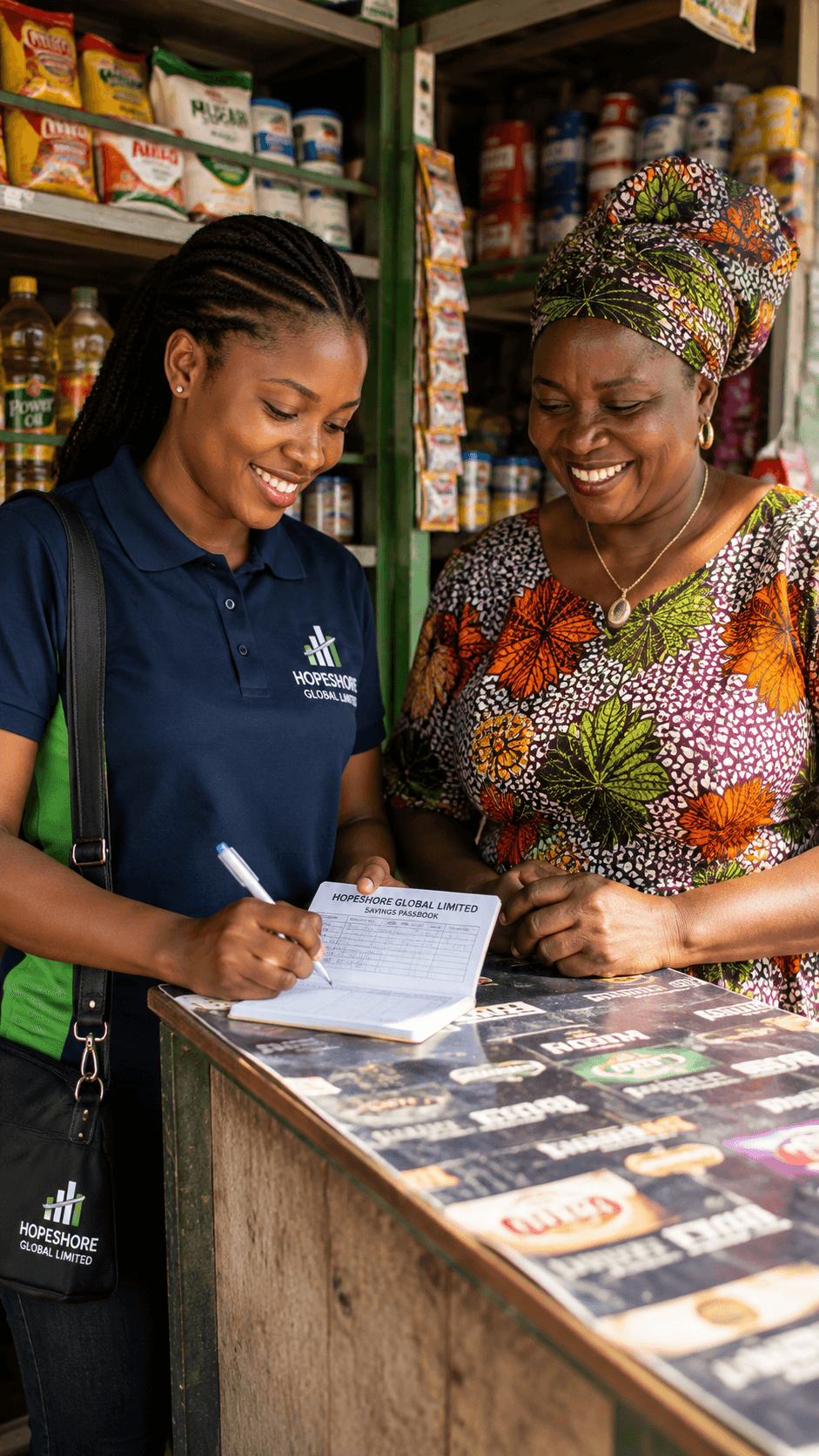 Hopeshore team member helping a trader record her savings